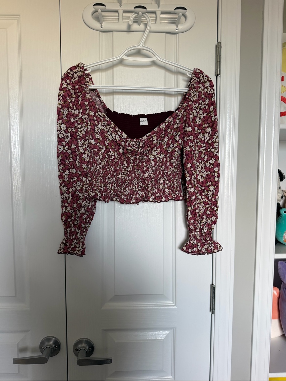 Sunday Best Burgundy Floral Smocked Crop Top with Puff Sleeves